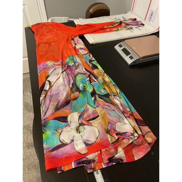 Robert Kitchen Cardigan Kimono Womens Medium Sheer Floral Mesh Orange Watercolor - Picture 6 of 7